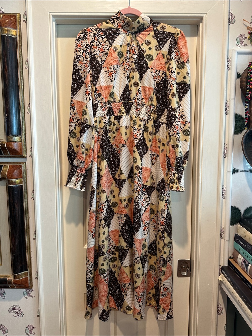Floral Patchwork Midi Dress - Peach & Black